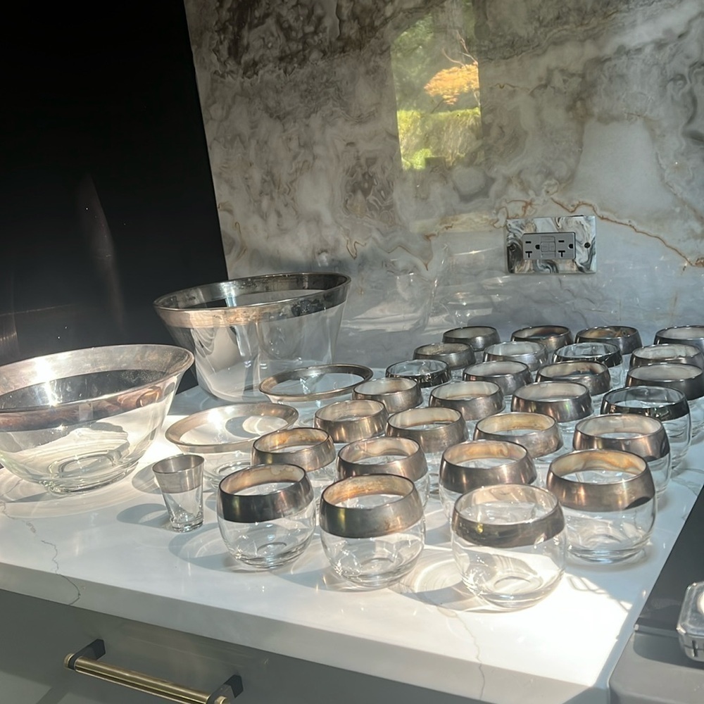 Set of 33 Pieces of Vintage Dorothy Thorpe Silver Rim Set Bowls & Short Glasses